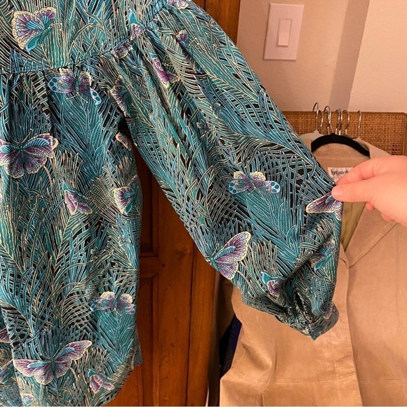 Vintage butterfly bubble sleeve button up casual blouse shirt top large 12 80s - Picture 7 of 8